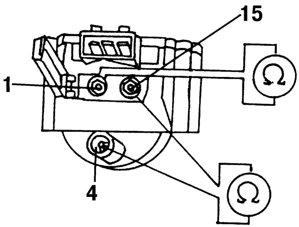 Клеммы «1», «4» и «15» на трансформаторе высокого напряжения, для проверки сопротивления первичной и вторичной обмоток катушки зажигания на 2,0-литровом двигателе