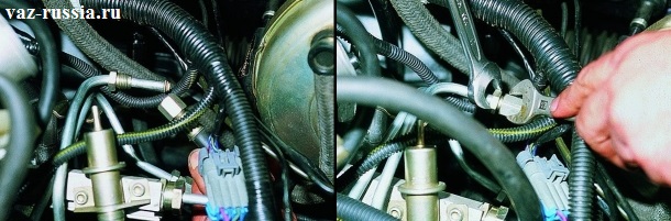 На левом рисунке показано соединение между собой обоих топливных трубок. А на правом показано заворачивание штуцеров крепящих между собой эти трубки